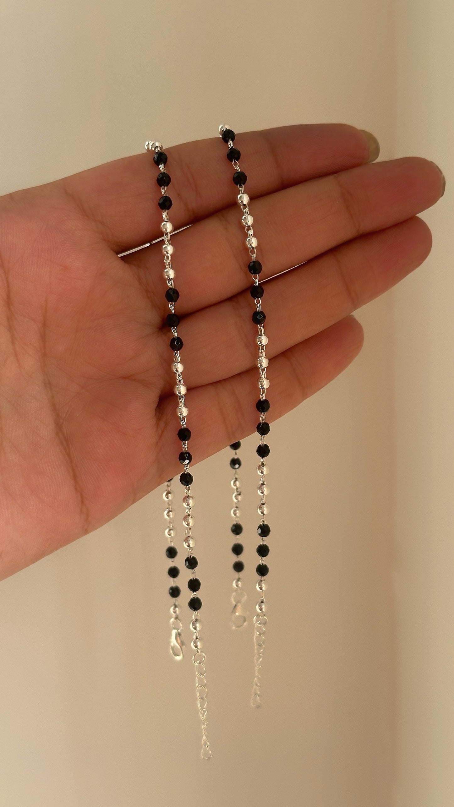classic black beads anklet in 925 sterling silver payal with black and silver beads, house of binti