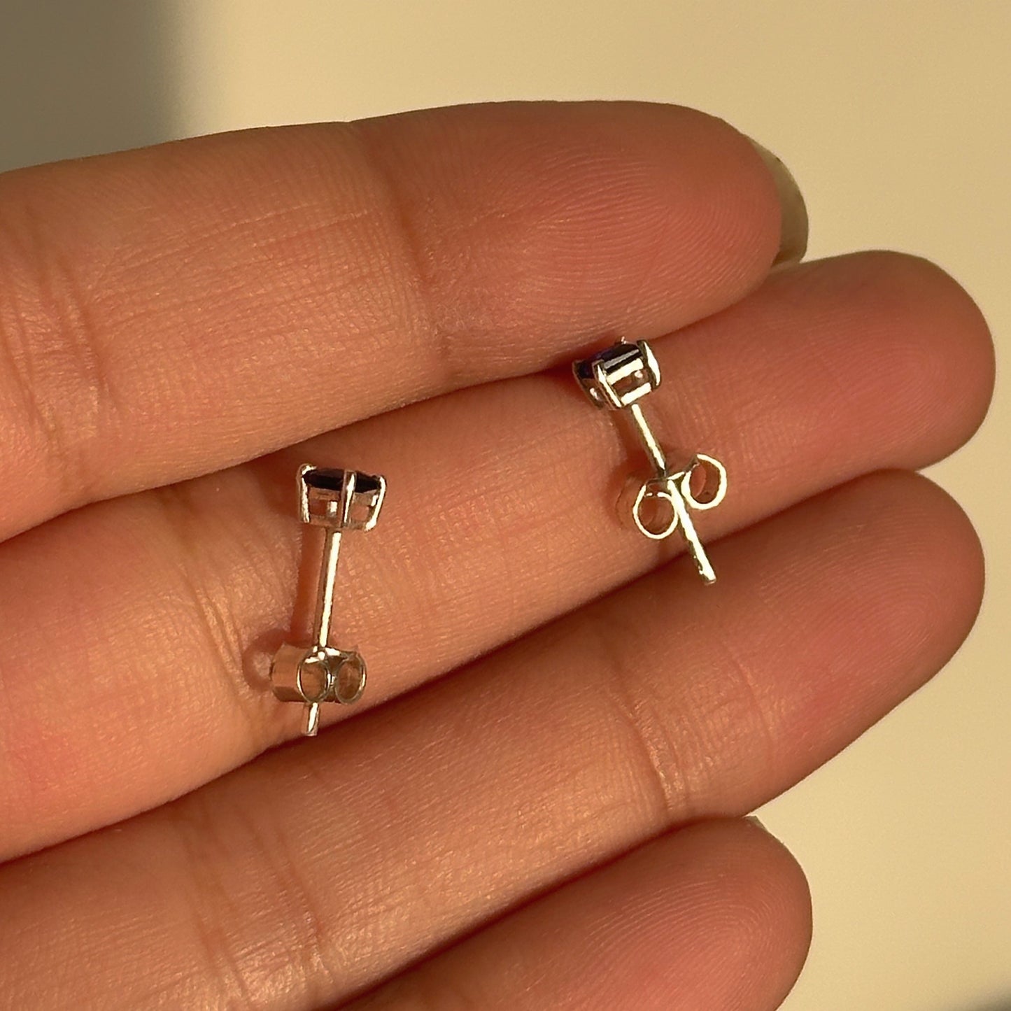 sapphire square studs 3mm worn — 925 silver blue stud earrings
