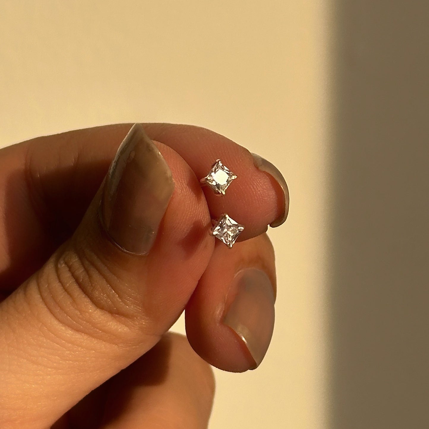 luna square studs 3mm worn — 925 silver white stud earrings