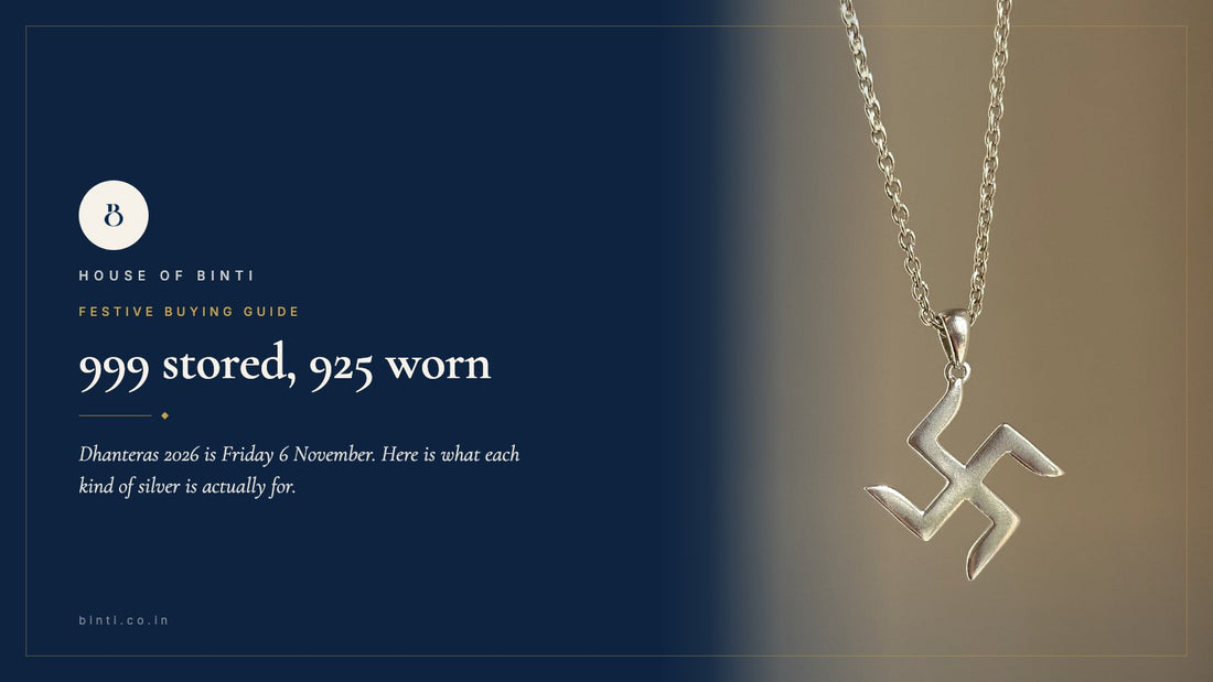 A plain silver coin beside a 925 sterling silver pendant and studs, labelled 999 stored and 925 worn, for Dhanteras