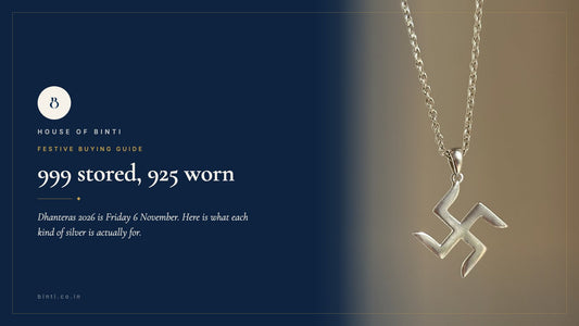A plain silver coin beside a 925 sterling silver pendant and studs, labelled 999 stored and 925 worn, for Dhanteras