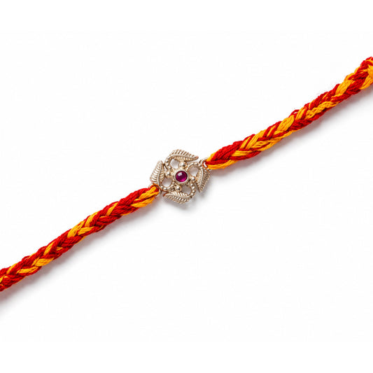 Swastik Red Stone Rakhi in 925 sterling silver with red stone swastik charm, House of Binti