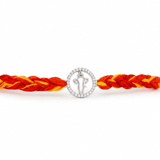 Ganesh Glow Rakhi in 925 sterling silver — Ganesha motif in zircon-studded frame, House of Binti