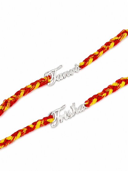 Personalized Name Charm Rakhi — custom 925 silver name charm on braided thread