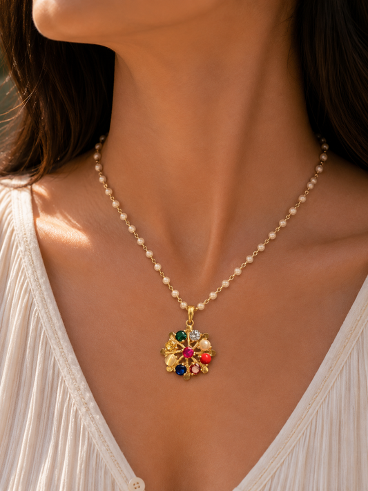 Navratna Pearl Pendant Necklace