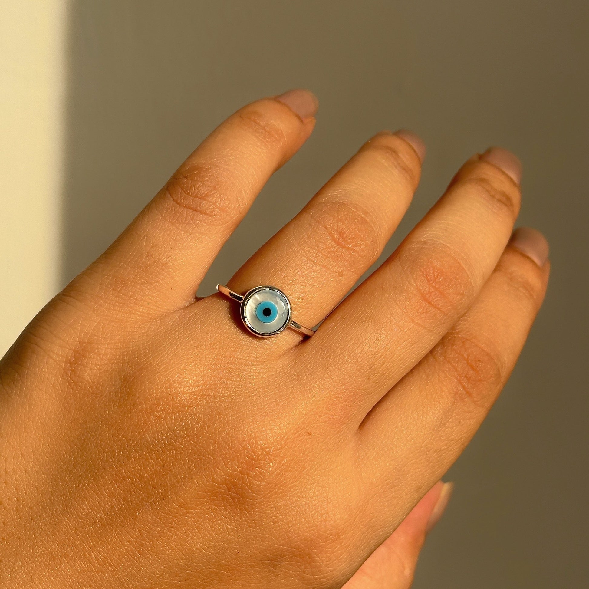 Guardian Eye Ring in 925 sterling silver with 8mm evil eye nazariya centrepiece, House of Binti