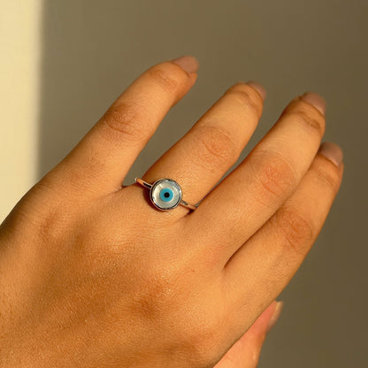 Guardian Eye Ring in 925 sterling silver with 8mm evil eye nazariya centrepiece, House of Binti