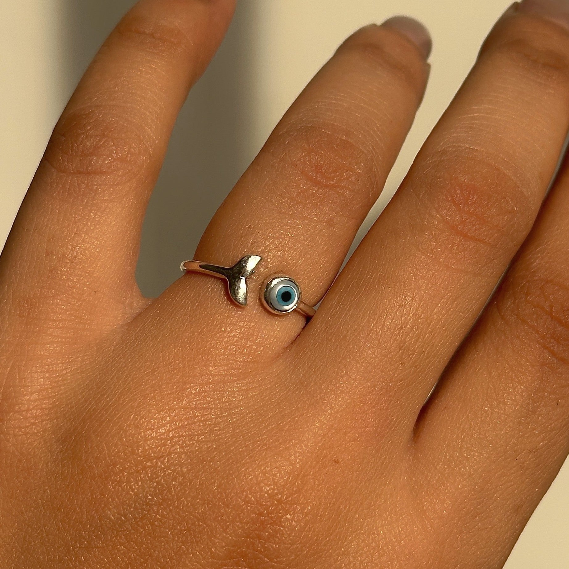 Lucky Fin Evil Eye Ring in 925 sterling silver with fish tail and nazariya, adjustable, House of Binti