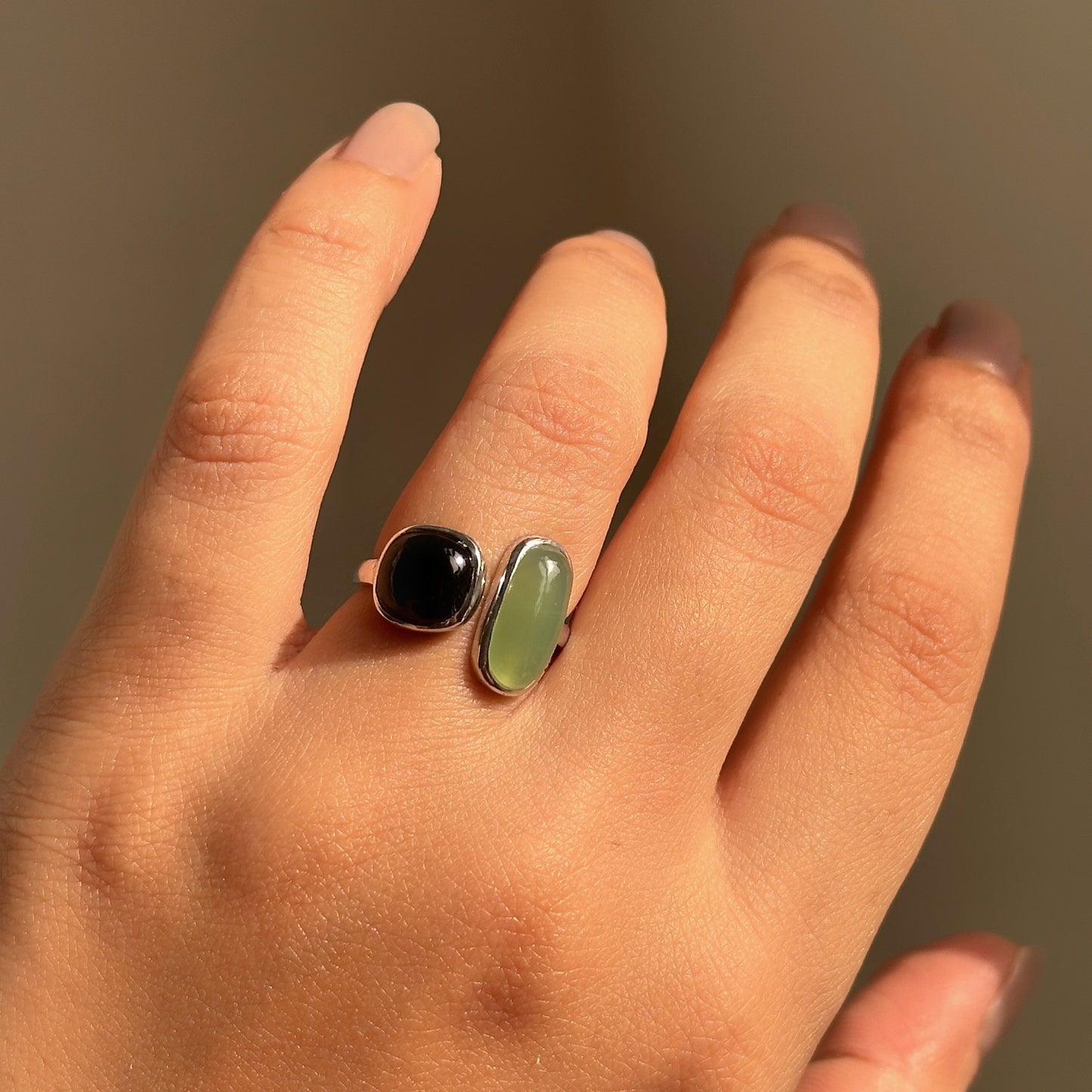 serenity duo ring in 925 sterling silver with black onyx and prehnite open band, house of binti