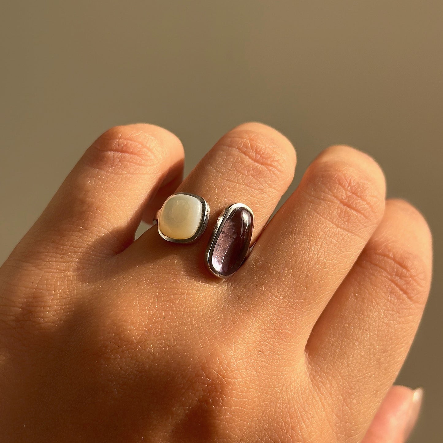 dual gem harmony ring in 925 sterling silver with moonstone and amethyst open band, house of binti