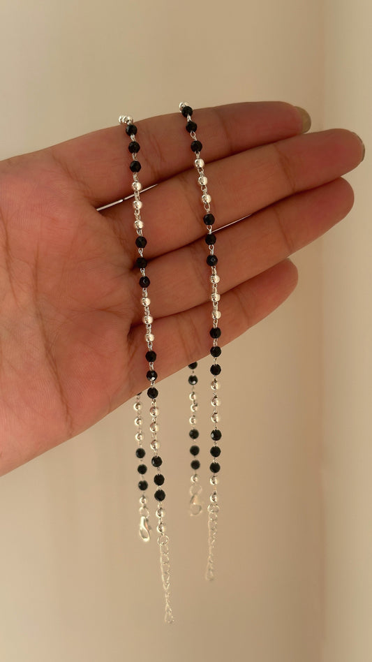 Classic Black Beads Anklet in 925 sterling silver payal with black and silver beads, House of Binti