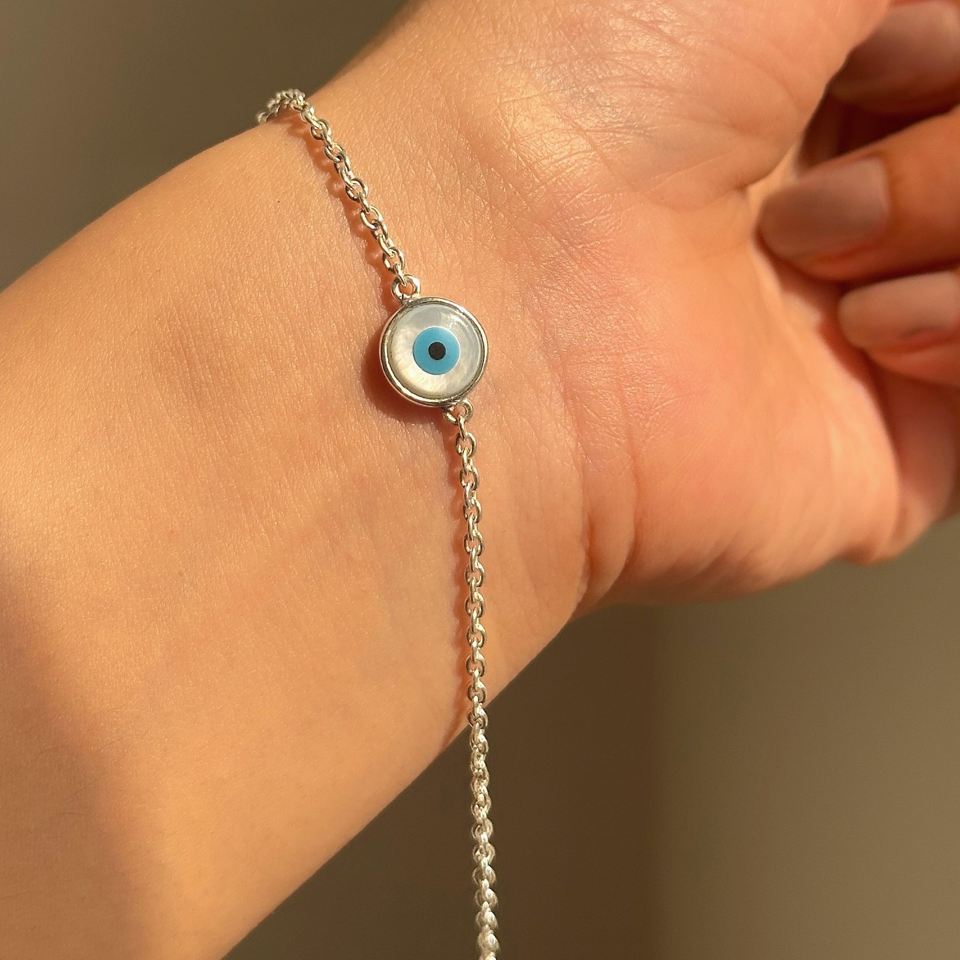 Classic Evil Eye Bracelet in 925 sterling silver with 8mm blue nazariya centrepiece, House of Binti