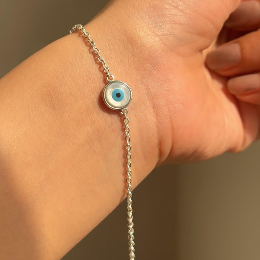 Classic Evil Eye Bracelet in 925 sterling silver with 8mm blue nazariya centrepiece, House of Binti