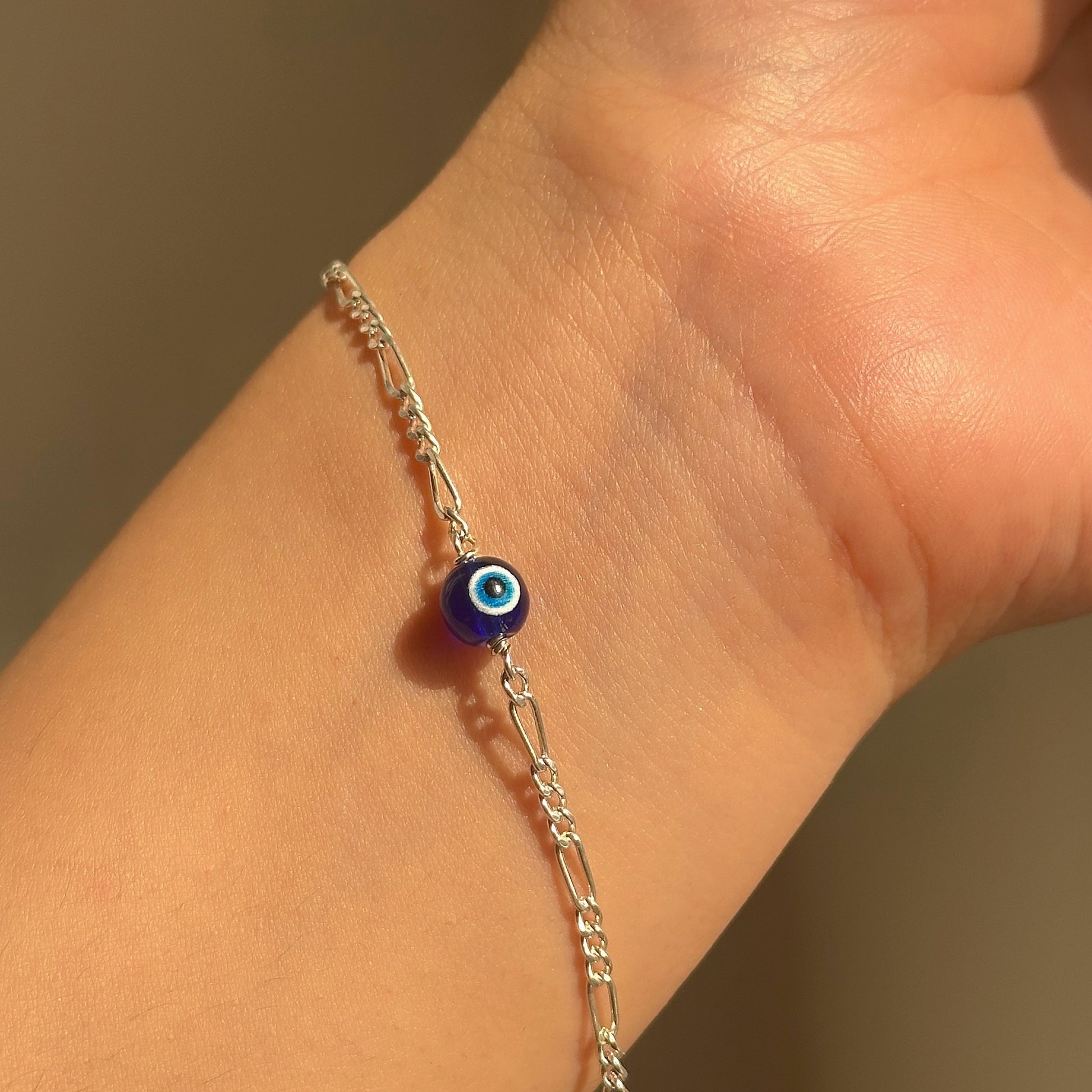 Classic Evil Eye Figaro Bracelet in 925 sterling silver with 6mm nazariya bead, House of Binti