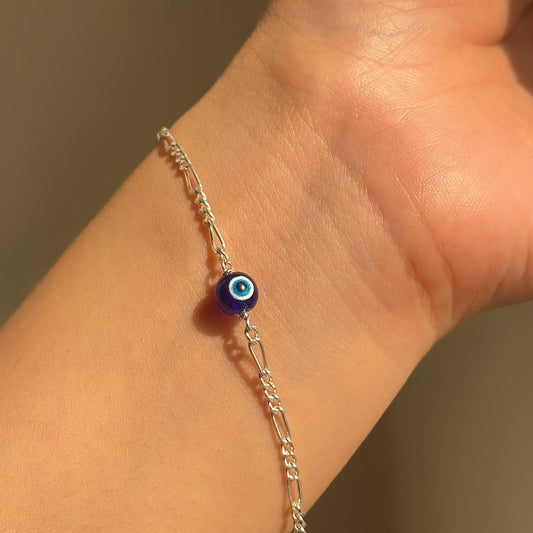 Classic Evil Eye Figaro Bracelet in 925 sterling silver with 6mm nazariya bead, House of Binti