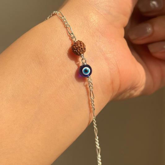 Evil Eye Rudraksha Bracelet in 925 sterling silver with rudraksha bead on Figaro chain, House of Binti
