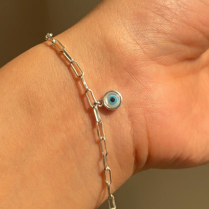 Evil Eye Charm Bracelet in 925 sterling silver with dangling nazariya on paperclip chain, House of Binti