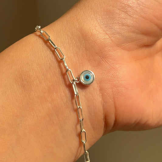Evil Eye Charm Bracelet in 925 sterling silver with dangling nazariya on paperclip chain, House of Binti