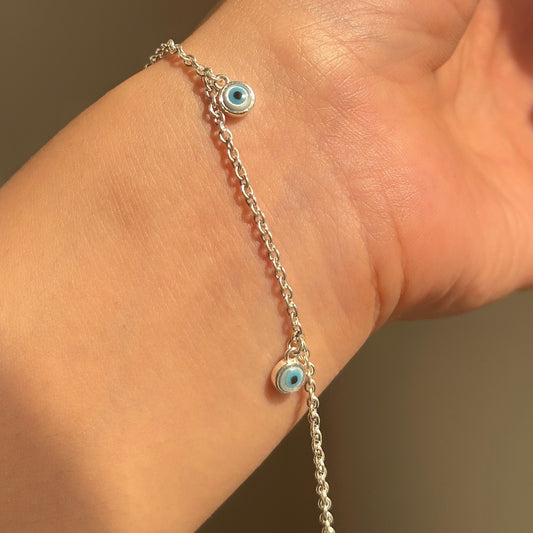 Evil Eye Trio Bracelet in 925 sterling silver with three dangling nazariya charms, House of Binti