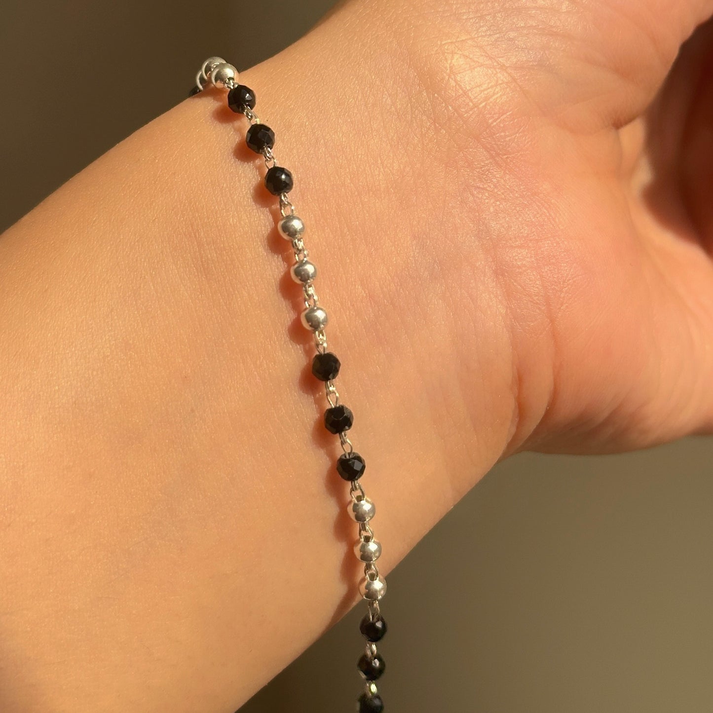 classic black bead bracelet in 925 sterling silver with faceted black crystal beads, house of binti
