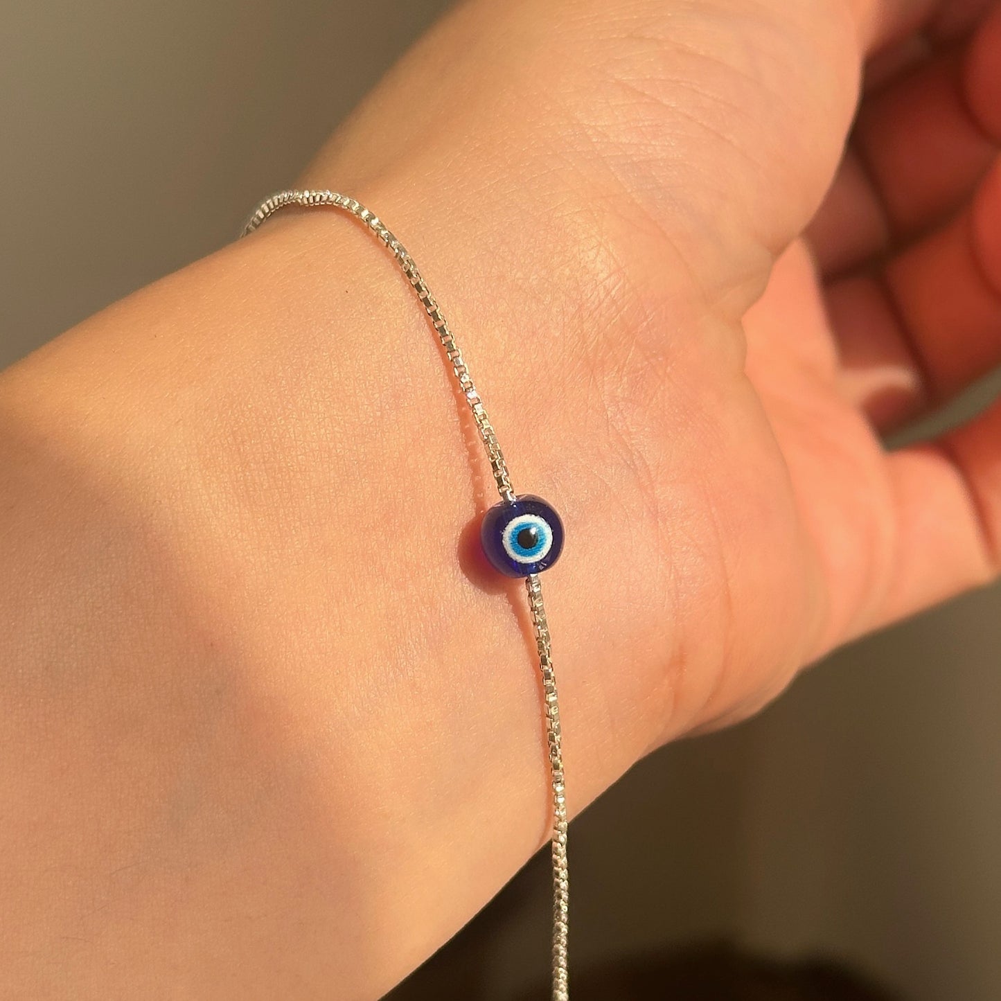 evil eye orb bracelet in 925 sterling silver with 6mm nazariya bead on box chain, house of binti