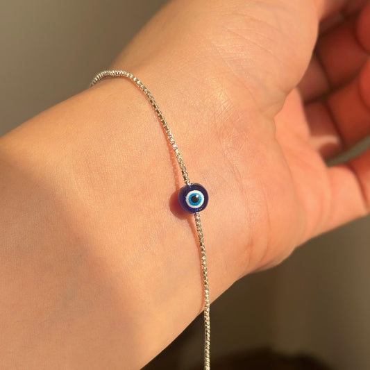 Evil Eye Orb Bracelet in 925 sterling silver with 6mm nazariya bead on box chain, House of Binti