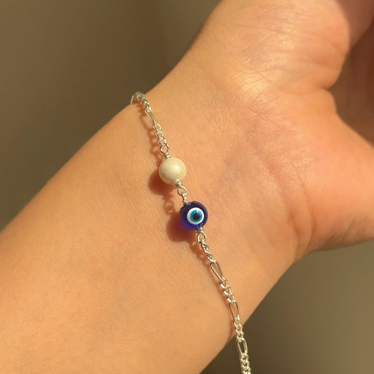 Evil Eye Pearl Bracelet in 925 sterling silver with freshwater pearl and nazariya bead, House of Binti
