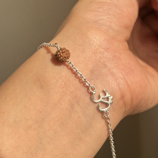 Om Rudraksha Bracelet in 925 sterling silver with Om symbol and rudraksha bead, House of Binti
