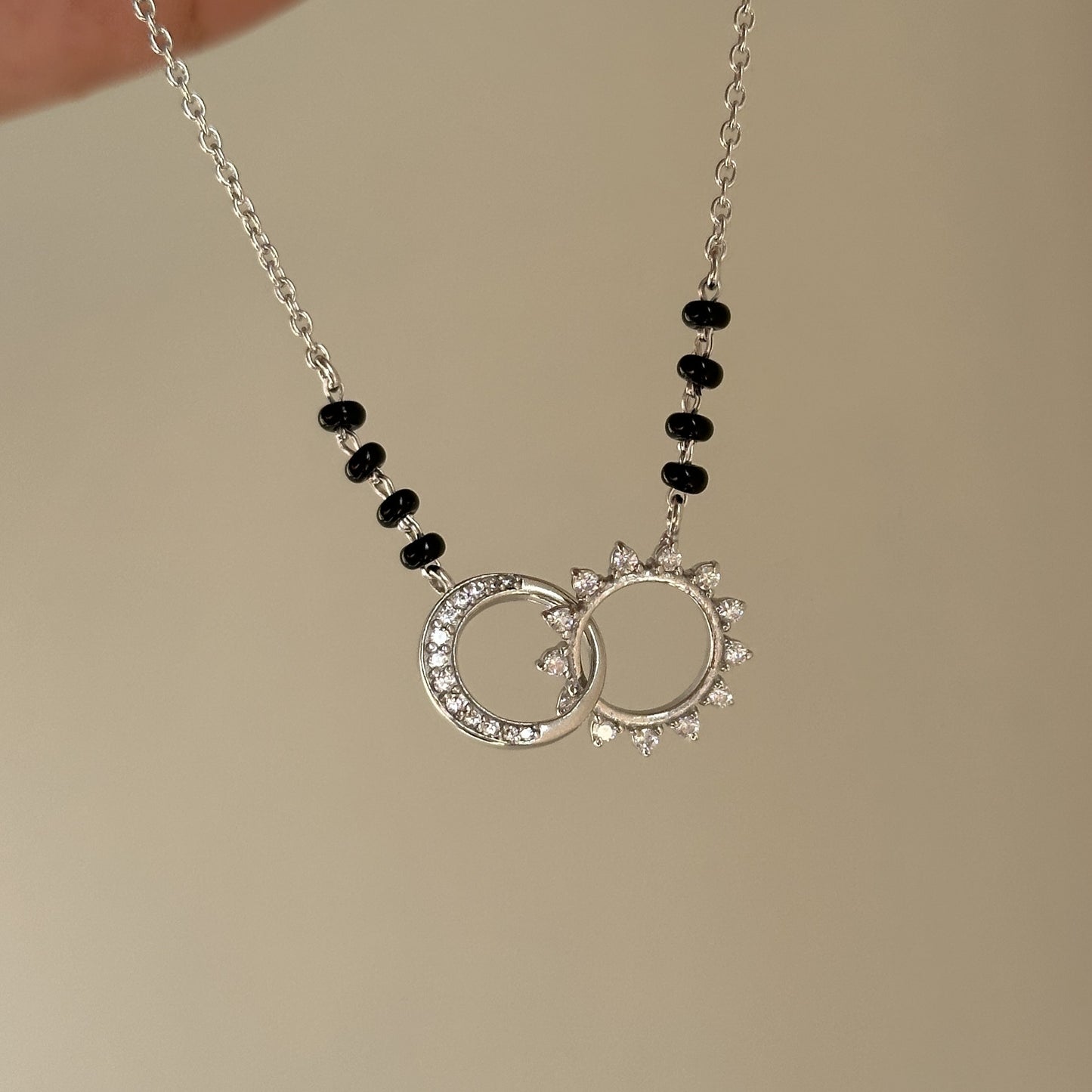 twin eclipse mangalsutra worn — 925 silver mangalsutra with black beads