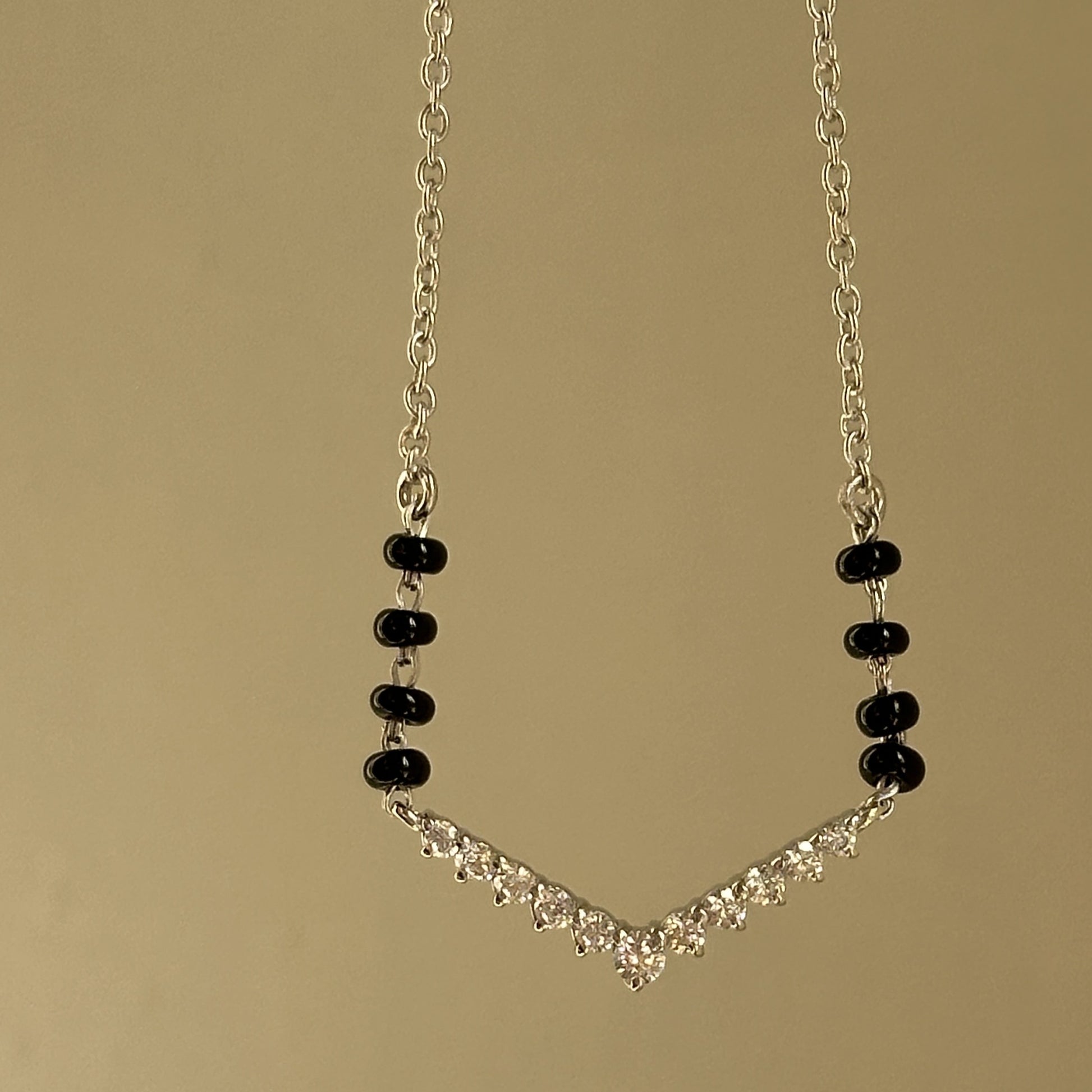 V Spark Mangalsutra worn — 925 silver mangalsutra with black beads