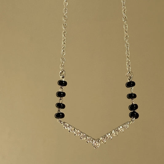V Spark Mangalsutra worn — 925 silver mangalsutra with black beads