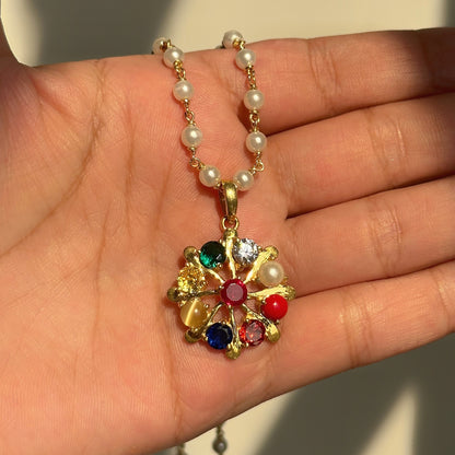 Navratna Pearl Pendant Necklace worn — 925 silver navratna and pearl mala