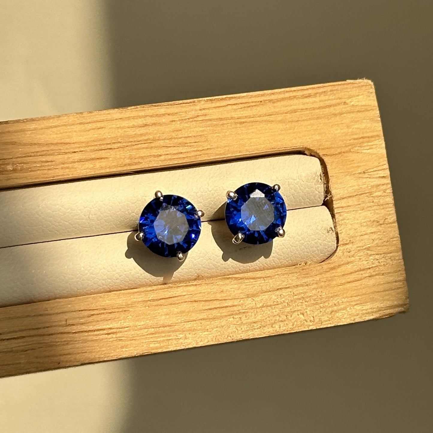 sapphire glow studs 8mm — round blue zircon studs in 925 sterling silver