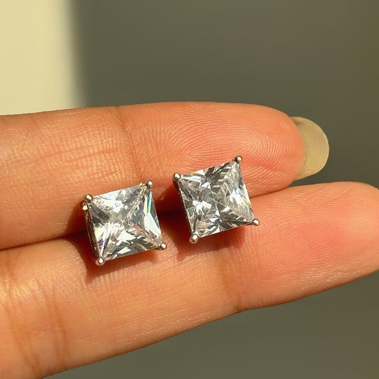 Luna Square Studs close-up — white zircon square-cut stone detail