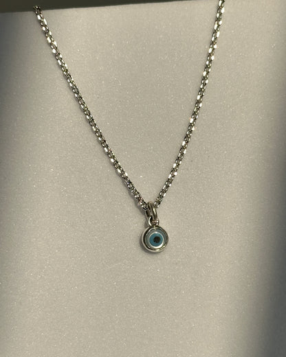 Tiny Evil Eye Neckpiece worn — minimal 925 silver nazariya necklace