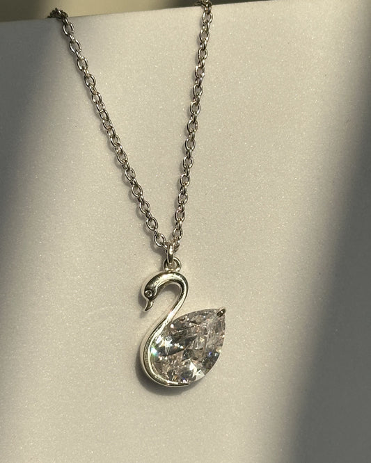 Celeste Swan Neckpiece worn — 925 silver swan pendant on adjustable chain