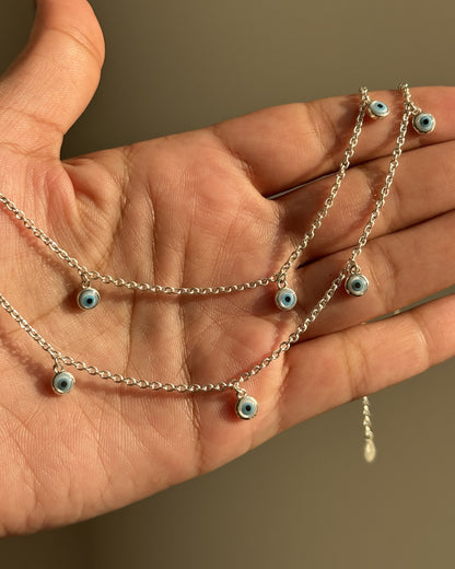 Evil Eye Dangle Anklet — five 4mm nazariya charms in 925 silver payal