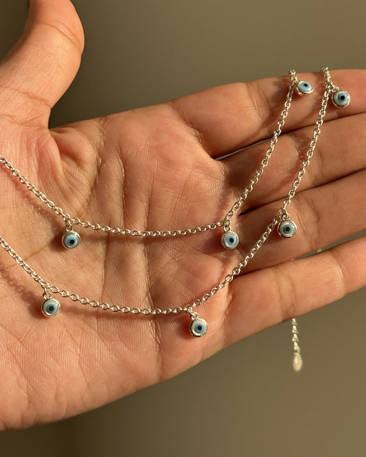 Evil Eye Dangle Anklet — five 4mm nazariya charms in 925 silver payal