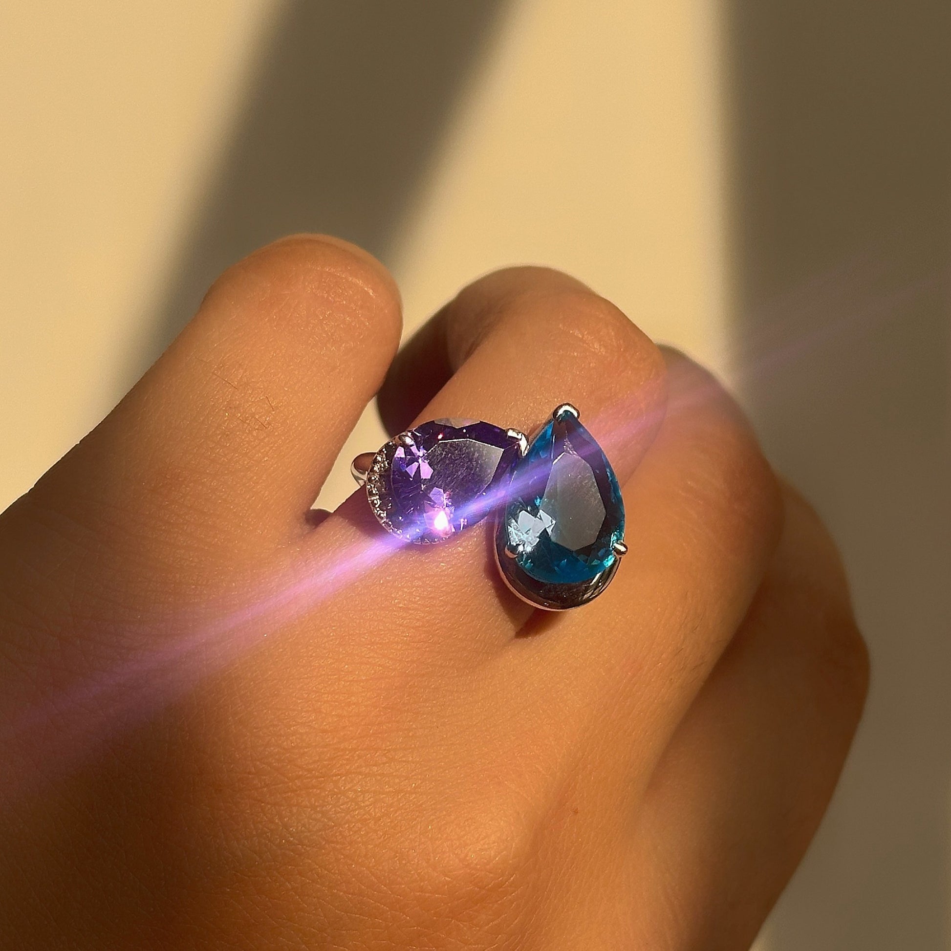 Mystic Duo Ring — 925 silver ring with sky blue and purple teardrop stones