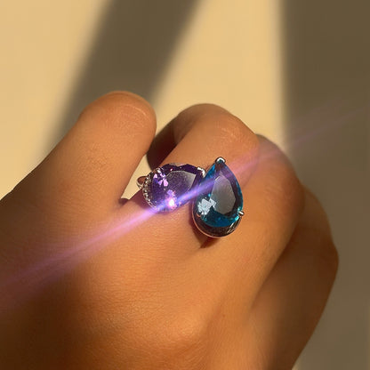 Mystic Duo Ring — 925 silver ring with sky blue and purple teardrop stones