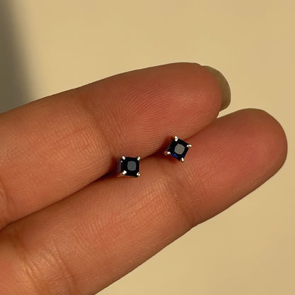 Sapphire Square Studs 3mm close-up — square-cut blue stone detail