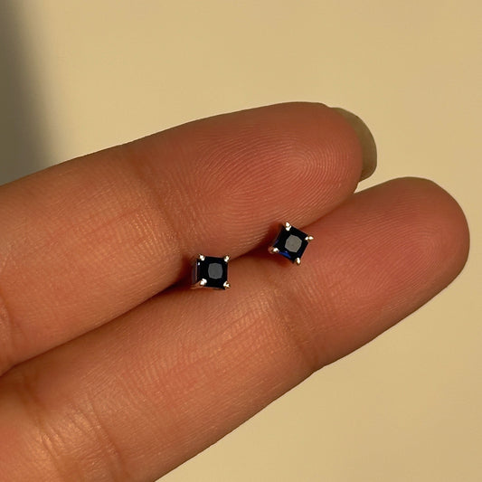 Sapphire Square Studs 3mm close-up — square-cut blue stone detail