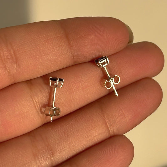 Sapphire Square Studs 3mm worn — 925 silver blue stud earrings