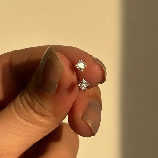 Luna Square Studs 3mm worn — 925 silver white stud earrings