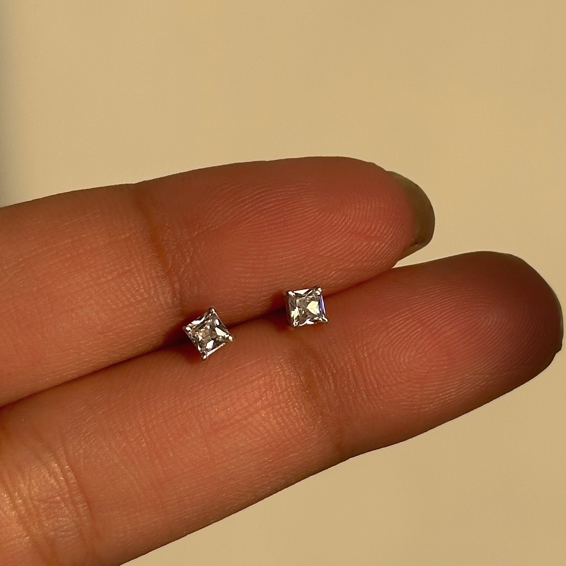 Luna Square Studs 3mm close-up — square-cut white stone detail