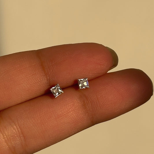Luna Square Studs 3mm close-up — square-cut white stone detail