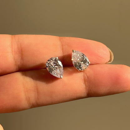 Pear Drop Studs worn — 925 silver pear-cut stud earrings