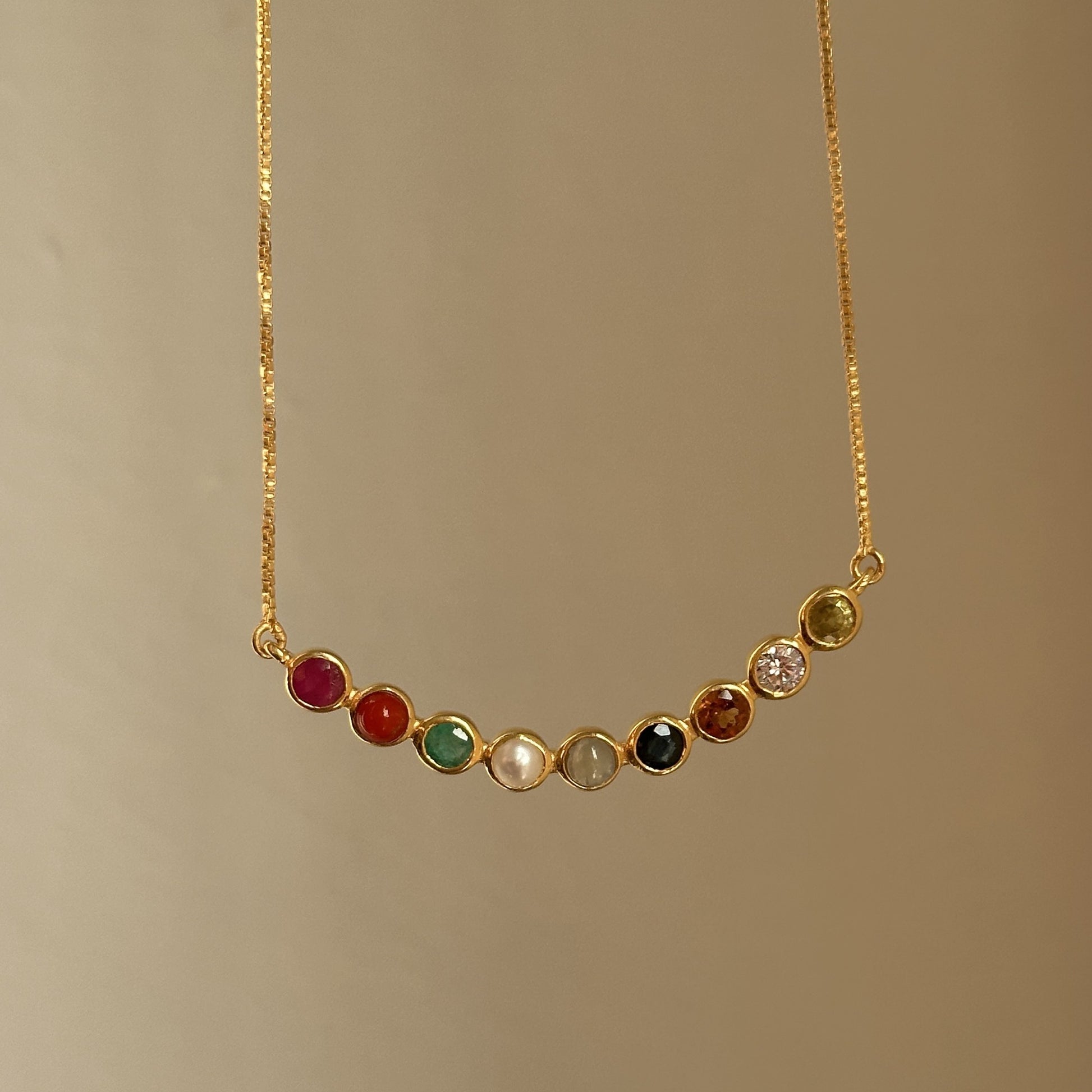 Navratna Radiance Neckpiece — nine colourful gems in gold-plated 925 silver