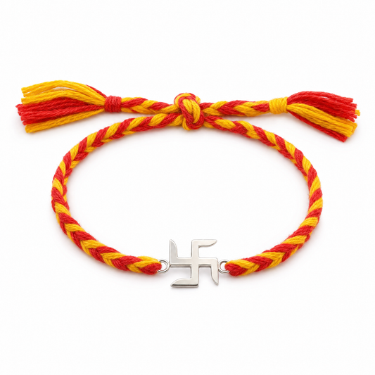 Blessed Swastik Rakhi in 925 sterling silver with sacred swastik motif, House of Binti