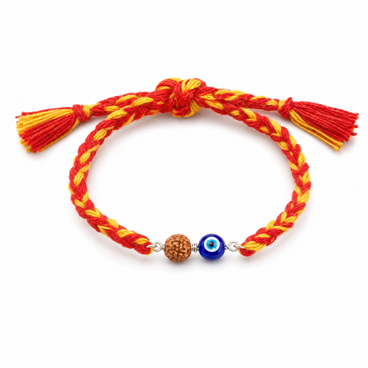 Evil Eye Rudraksha Rakhi — 925 silver nazariya bead with rudraksha for protection